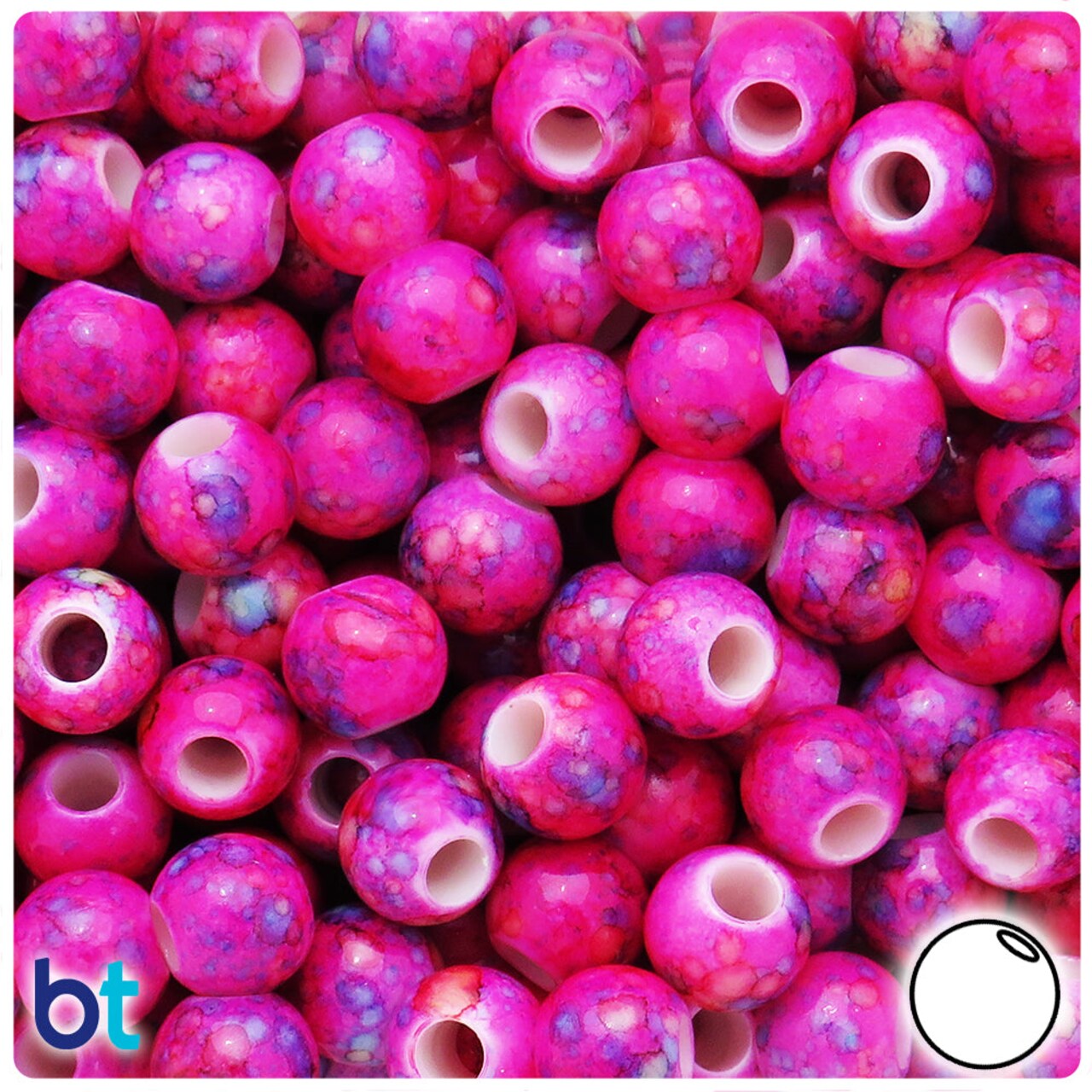 BeadTin Pink Marbled 12mm Round Large Hole Plastic Pony Beads (75pcs)